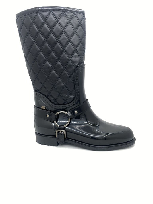 Black Quilted Patent Mid-Calf Boot with Ring Detail