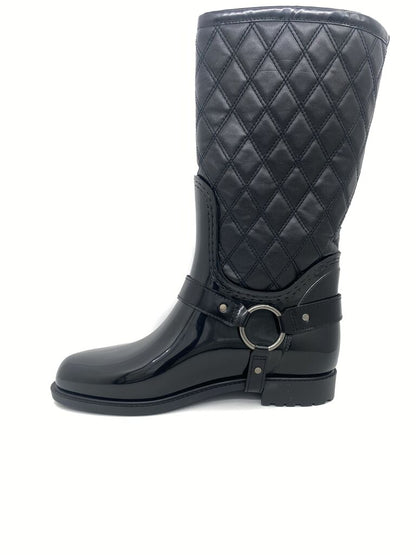 Black Quilted Patent Mid-Calf Boot with Ring Detail
