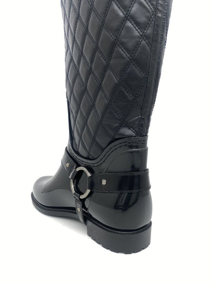 Black Quilted Patent Mid-Calf Boot with Ring Detail