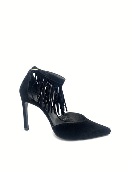 Black Suede Pump with Fringe Detail