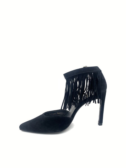 Black Suede Pump with Fringe Detail