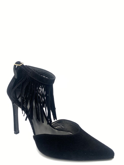 Black Suede Pump with Fringe Detail