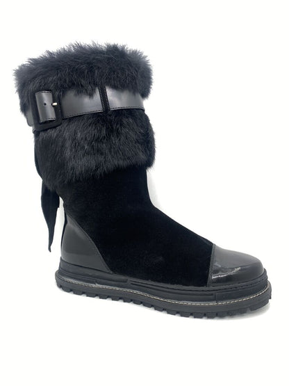 Black Faux Fur Trim Boots with Buckle Detail