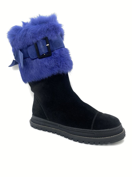 Blue Fur-Trimmed Boot with Adjustable Buckle