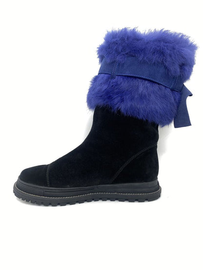 Blue Fur-Trimmed Boot with Adjustable Buckle