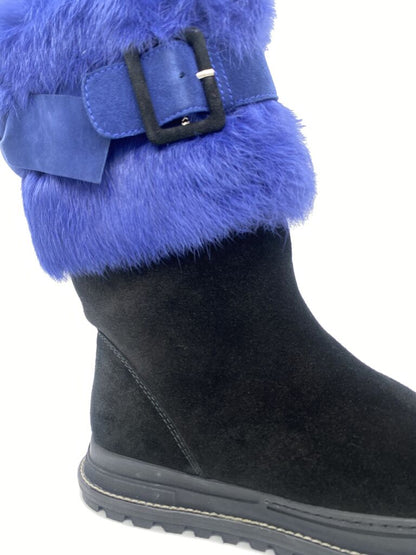 Blue Fur-Trimmed Boot with Adjustable Buckle