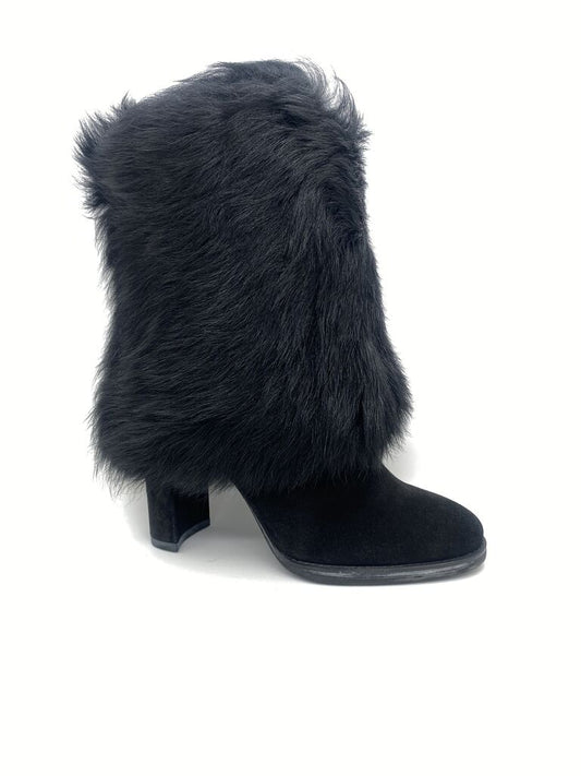 Black Faux Fur Mid-Calf Boot with Chunky Heel