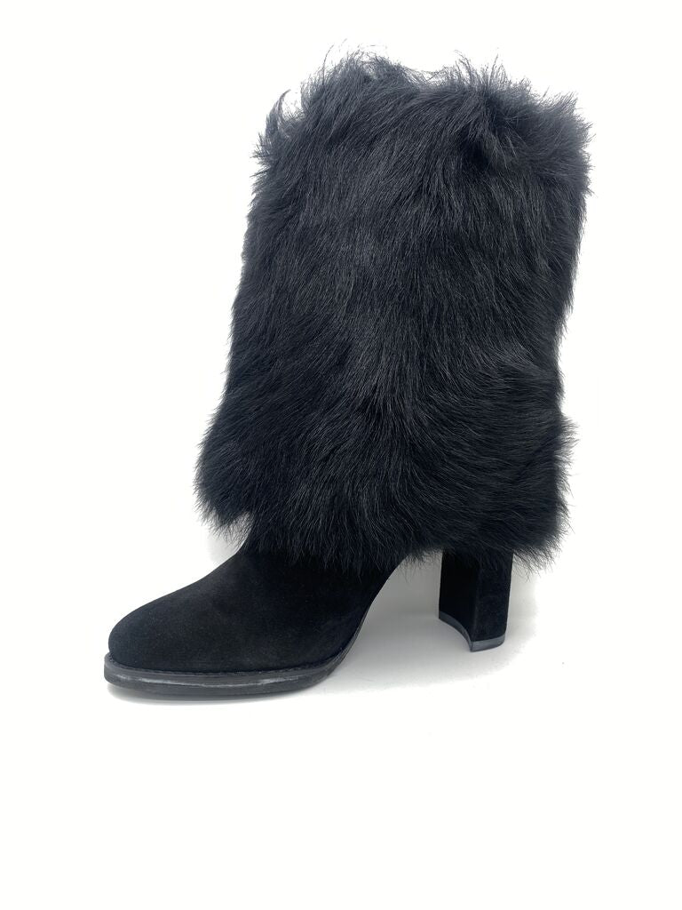 Black Faux Fur Mid-Calf Boot with Chunky Heel