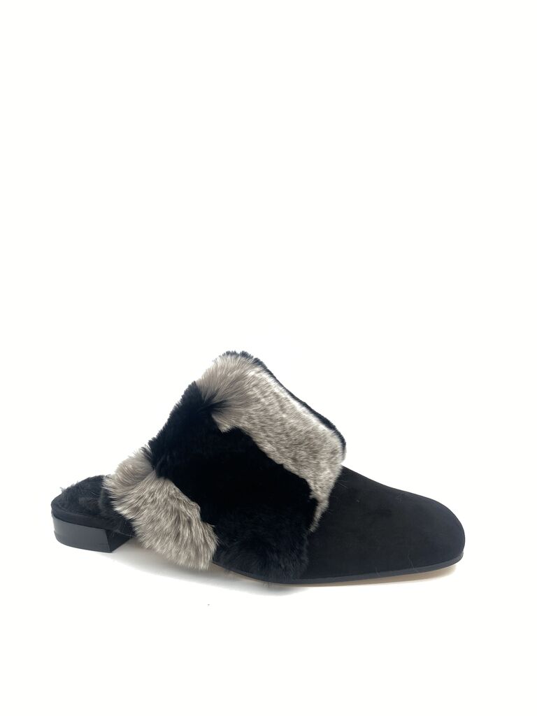 Black Fur Slip-On Mules with Plush Trim