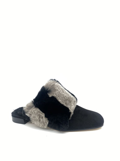 Black Fur Slip-On Mules with Plush Trim