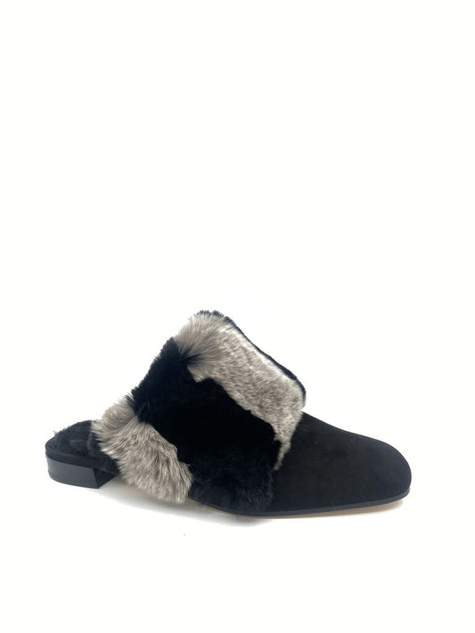 Black Fur Slip-On Mules with Plush Trim