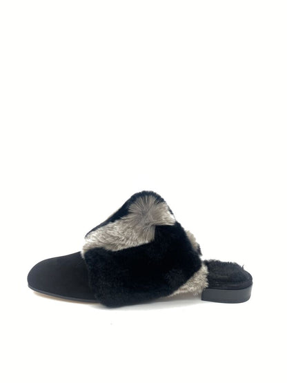 Black Fur Slip-On Mules with Plush Trim