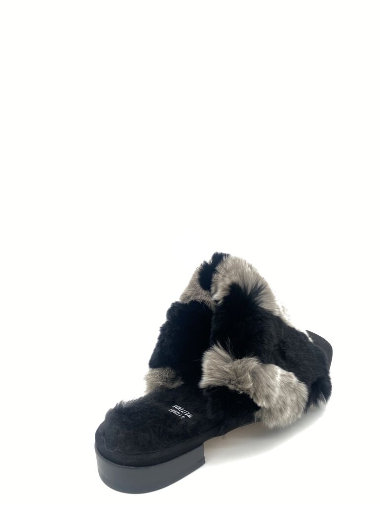 Black Fur Slip-On Mules with Plush Trim