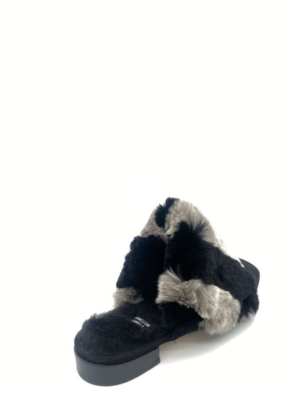 Black Fur Slip-On Mules with Plush Trim