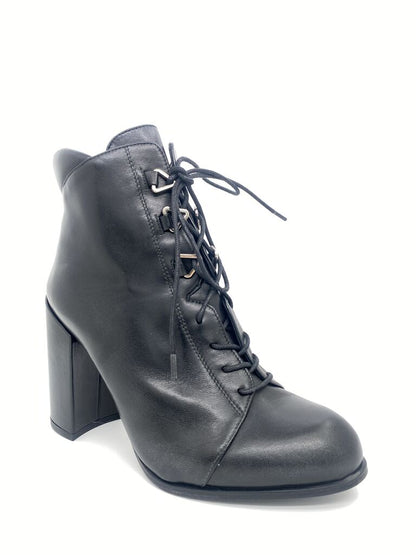 Black Heeled Ankle Boots with Lace-Up Design