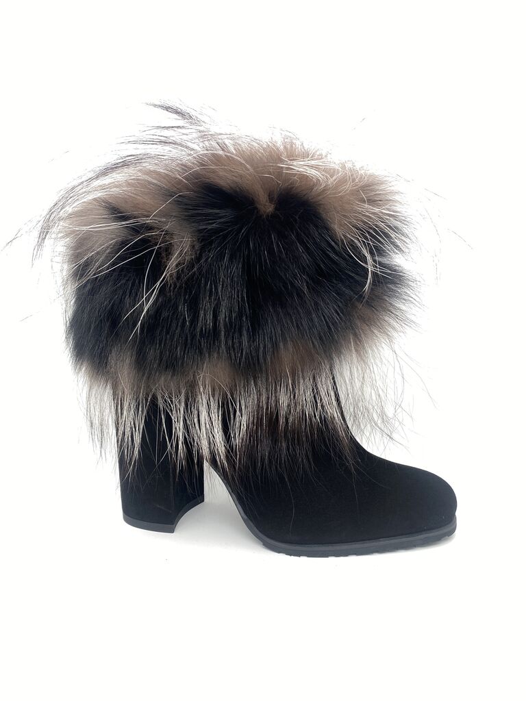 Black Fur Ankle Boots with Fluffy Trim