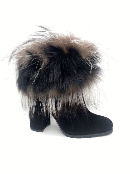 Black Fur Ankle Boots with Fluffy Trim