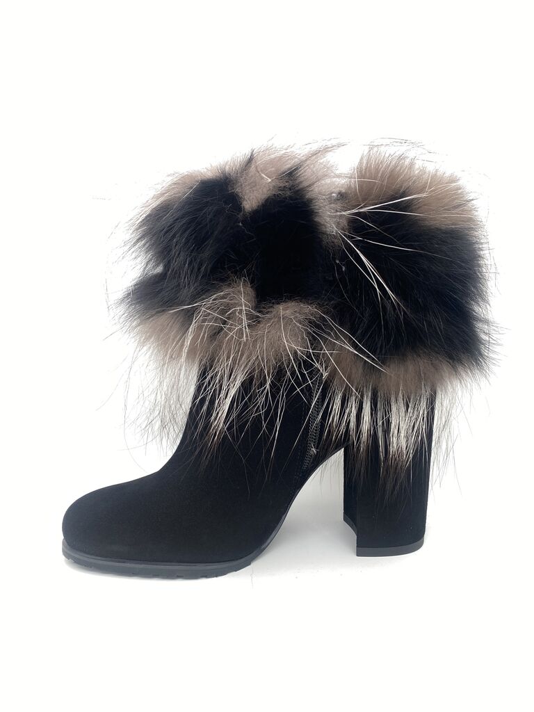 Black Fur Ankle Boots with Fluffy Trim