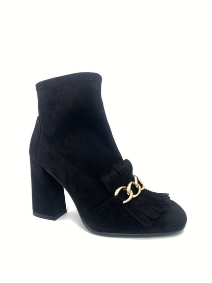 Black Suede Ankle Boots with Gold Chain Accent