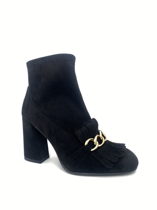Black Suede Ankle Boots with Gold Chain Accent