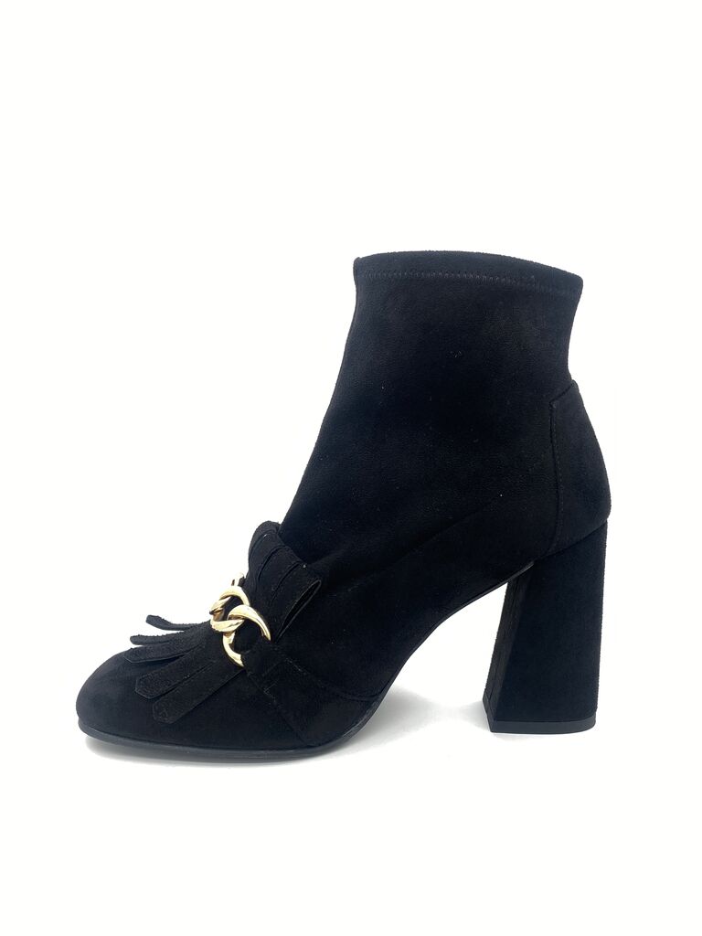 Black Suede Ankle Boots with Gold Chain Accent