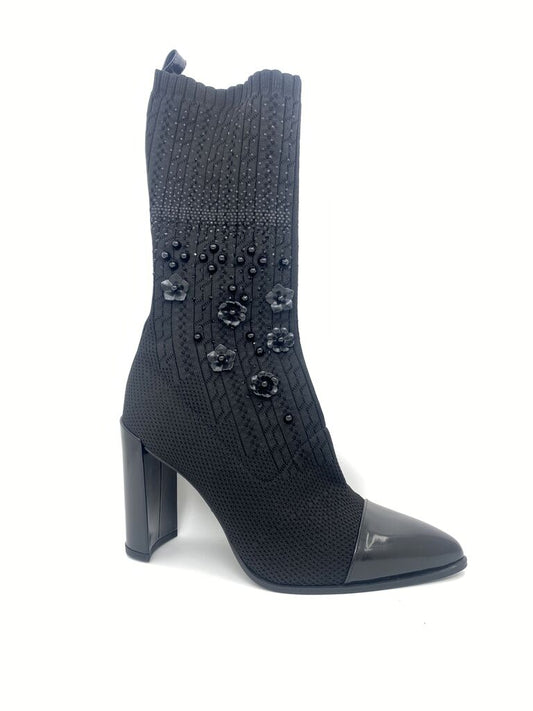 Black Knit Ankle Boots with Embellished Details