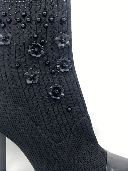 Black Knit Ankle Boots with Embellished Details