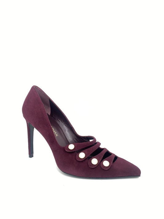 Burgundy Suede Stiletto Pump with Button Accents
