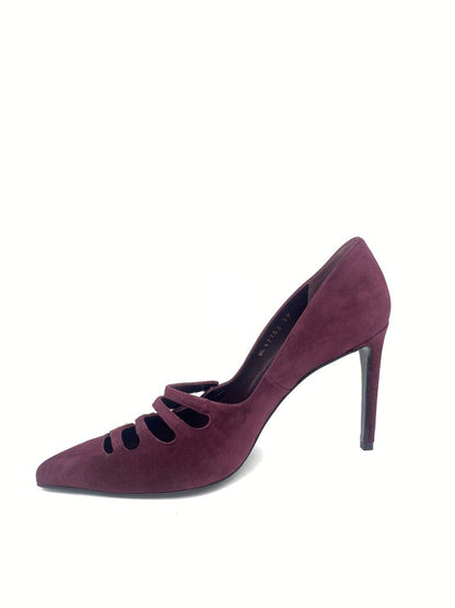 Burgundy Suede Stiletto Pump with Button Accents