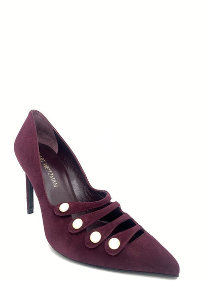 Burgundy Suede Stiletto Pump with Button Accents