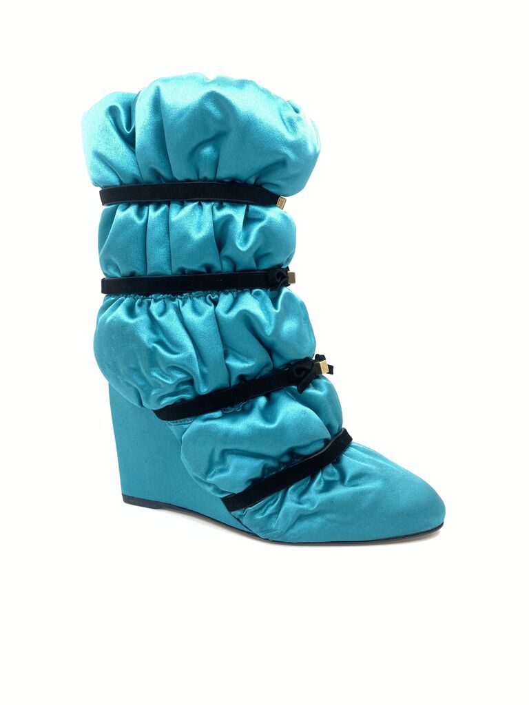 Turquoise Satin Wedge Boot with Ruching