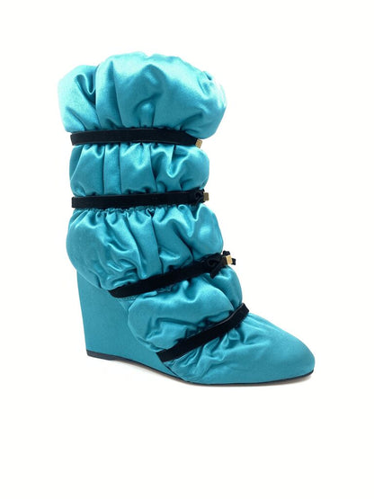 Turquoise Satin Wedge Boot with Ruching