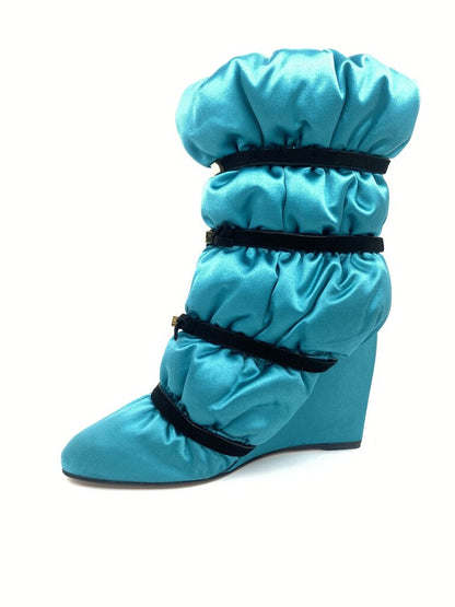 Turquoise Satin Wedge Boot with Ruching