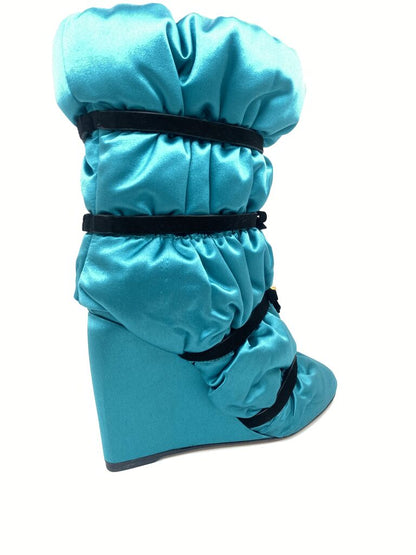 Turquoise Satin Wedge Boot with Ruching