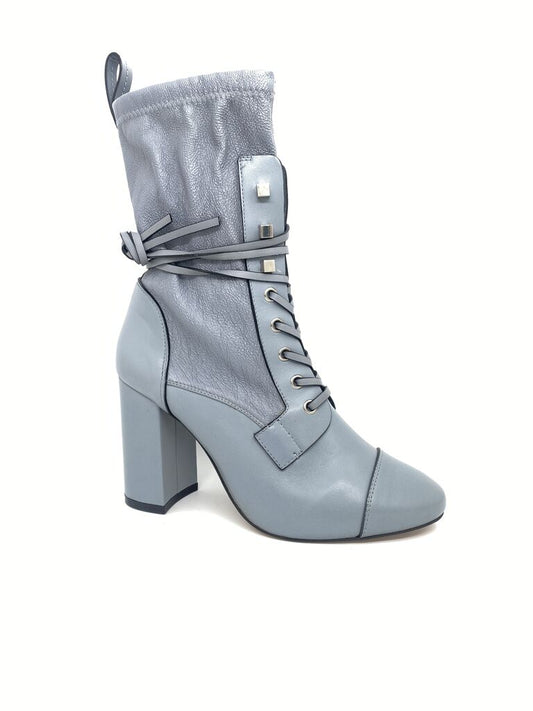 Gray Leather Lace-Up Ankle Boots with Chunky Heel