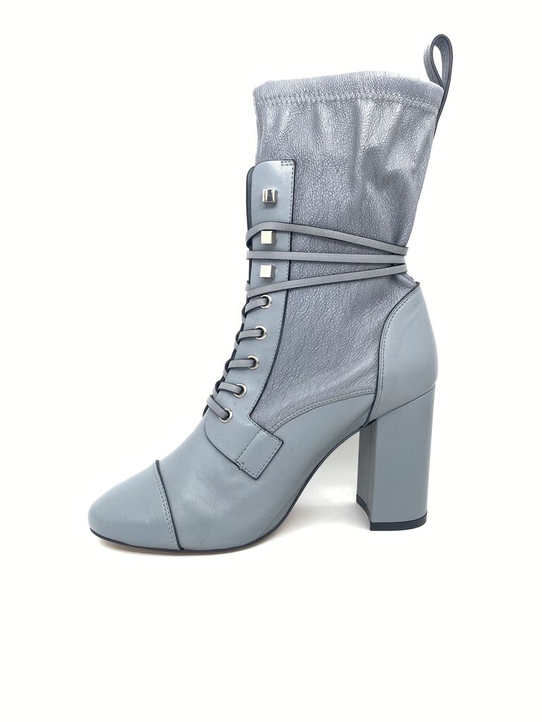 Gray Leather Lace-Up Ankle Boots with Chunky Heel