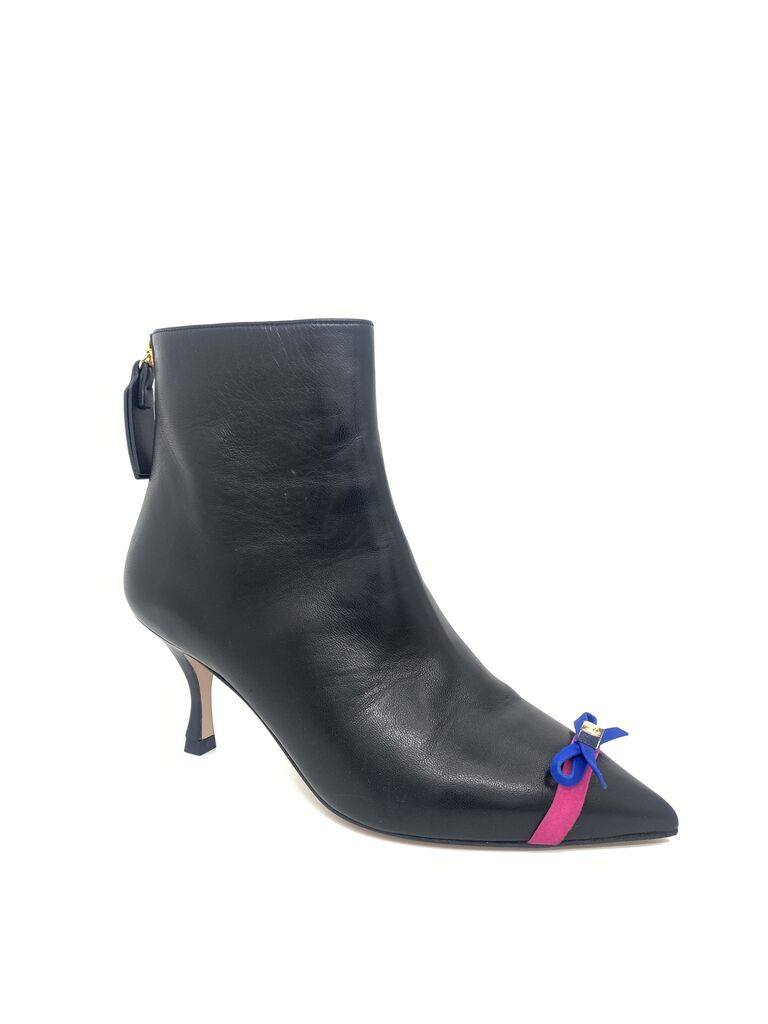 Black Leather Ankle Boots with Colorful Bow Accent