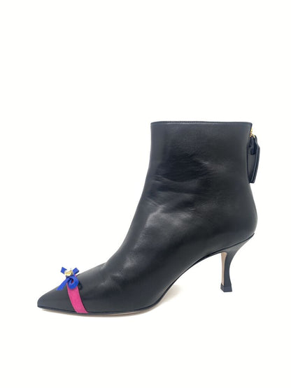 Black Leather Ankle Boots with Colorful Bow Accent