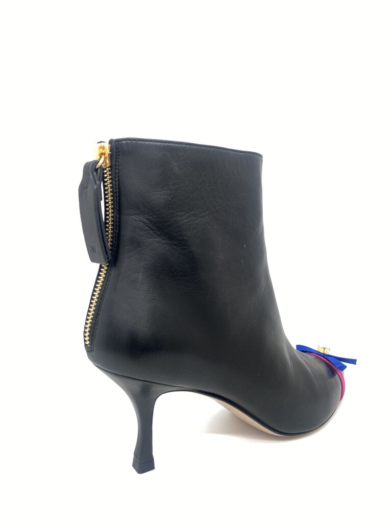 Black Leather Ankle Boots with Colorful Bow Accent