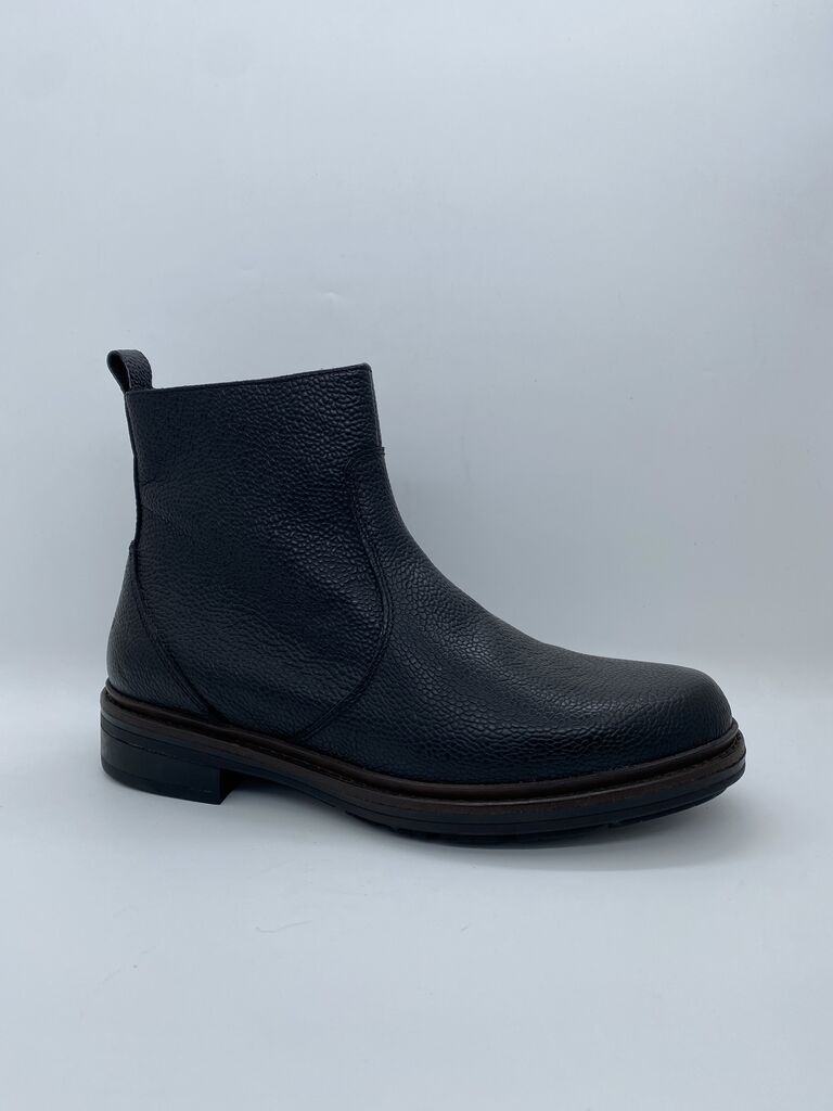 Black Textured Leather Ankle Boot with Rounded Toe