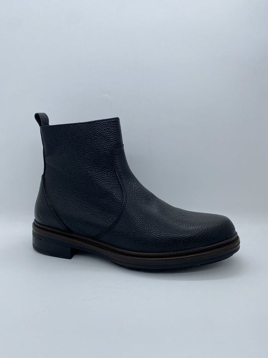 Black Textured Leather Ankle Boot with Rounded Toe