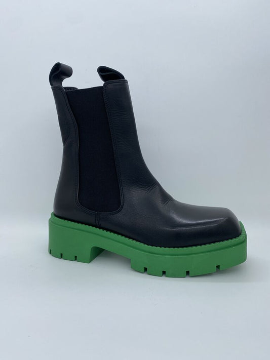 Black Leather Chelsea Boots with Green Sole