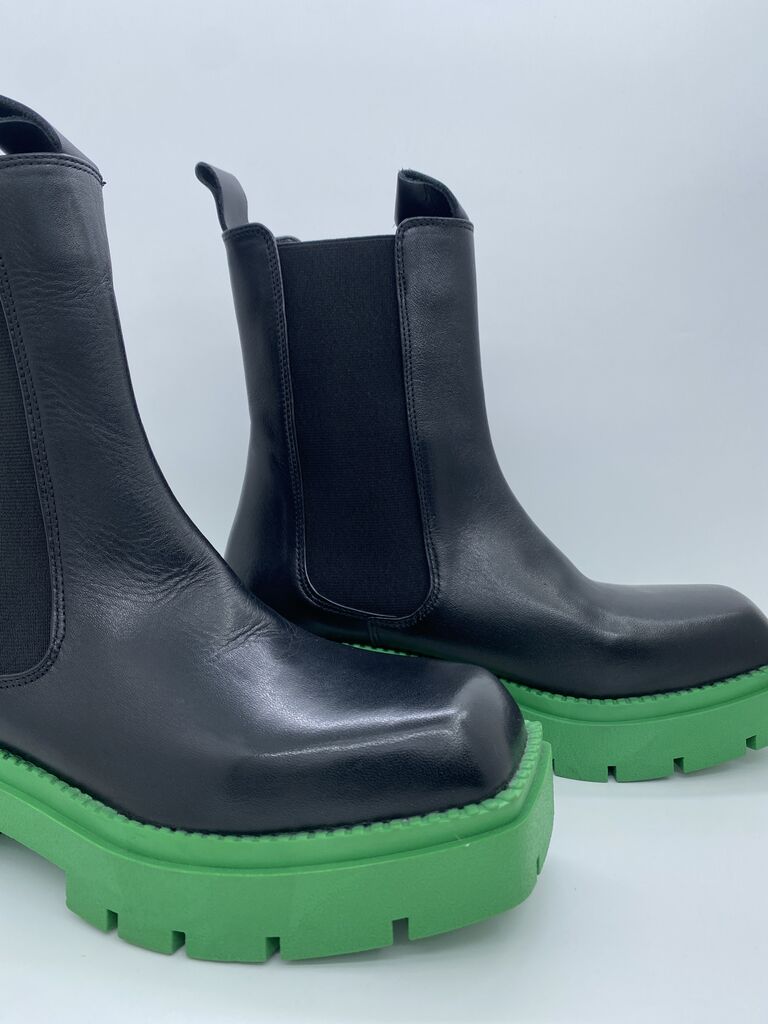 Black Leather Chelsea Boots with Green Sole