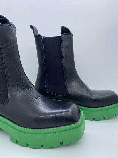 Black Leather Chelsea Boots with Green Sole