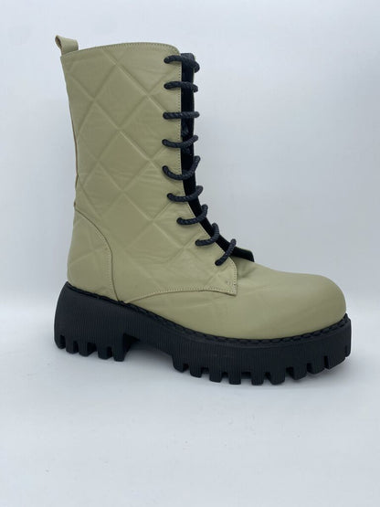Beige Quilted Combat Boot with Rugged Sole