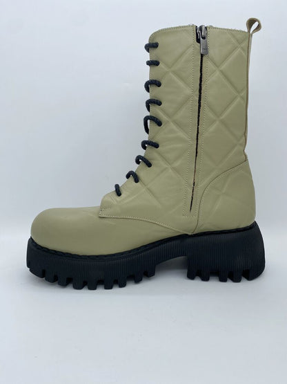 Beige Quilted Combat Boot with Rugged Sole