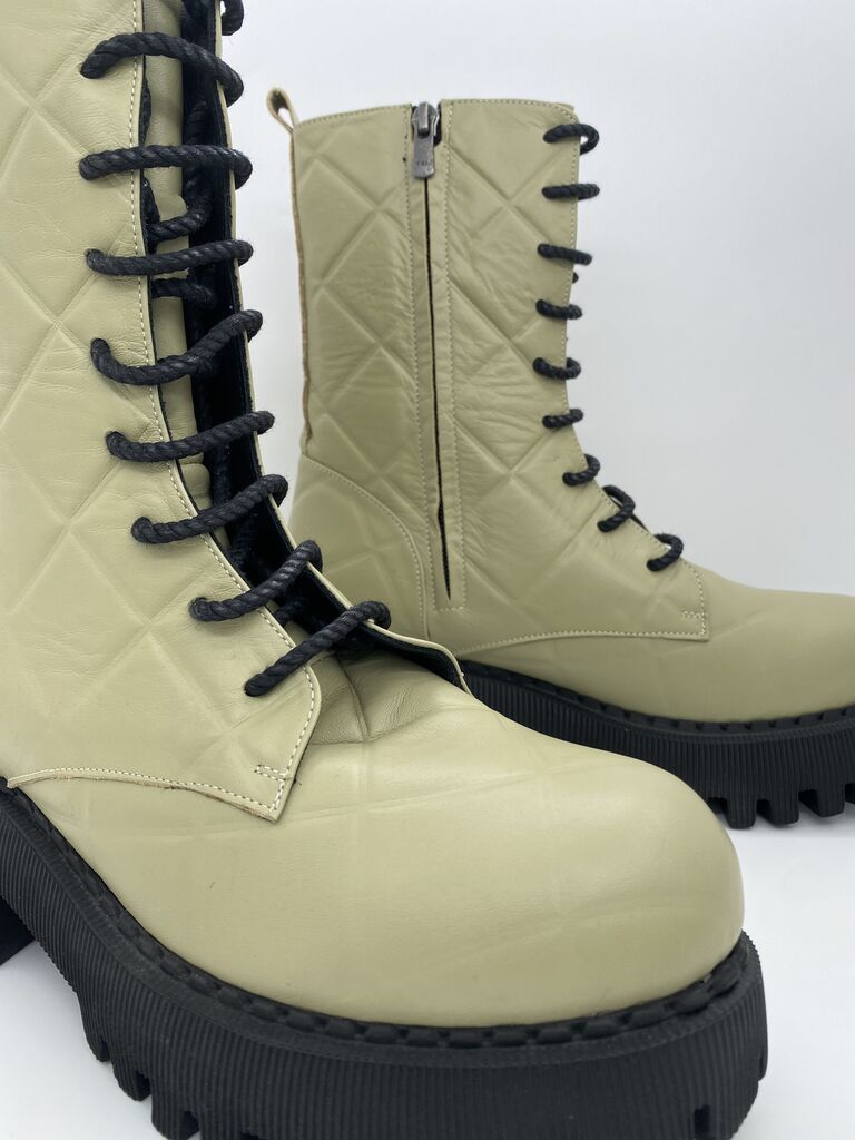 Green Quilted Combat Boot with Rugged Sole