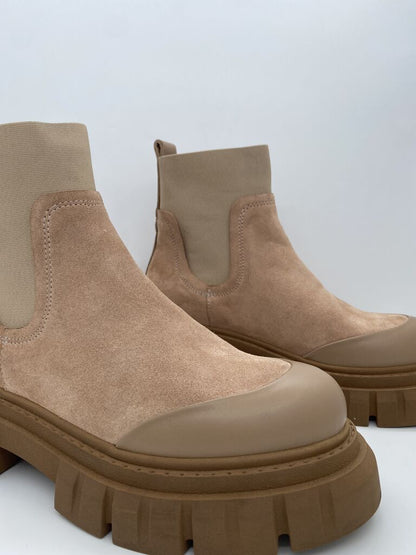 Beige Suede Chunky Sole Ankle Boot