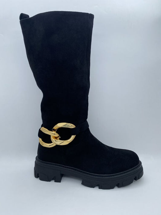 Black Suede Boots with Gold Hardware