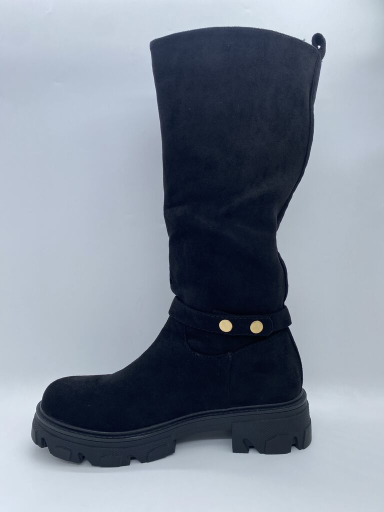 Black Suede Boots with Gold Hardware